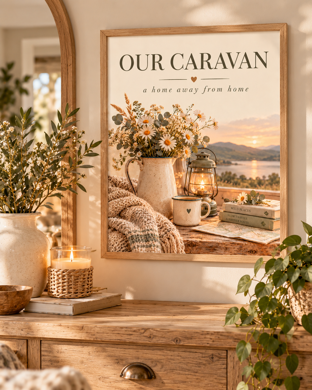 Our Caravan a home away from home quote with daisies, lantern, mug, knitted blanket and lakeside sunset styled in a sideboard display