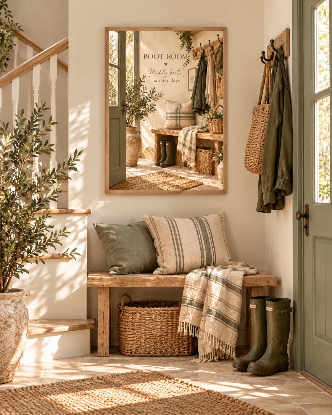 Boot Room quote, Muddy boots happier days, with wellies, rustic bench, woven baskets and country entryway details styled in a country entryway