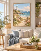 White coastal lighthouse above a sandy beach path with turquoise waves, sailboats, white daisies and pink wildflowers styled in a living room