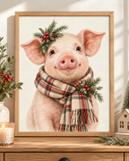 Christmas pink piglet illustration with tartan scarf, evergreen sprigs, red berries and pine cones on a warm cream background; print only, frame not included