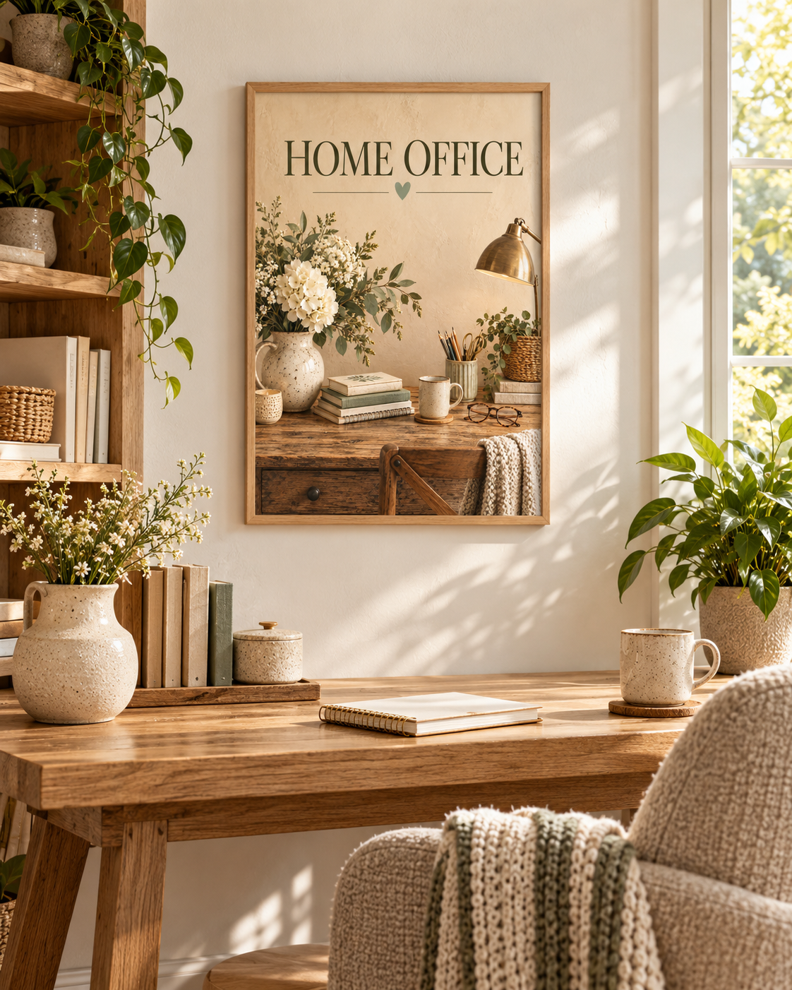 Home Office typography with a wooden desk, books, stationery, coffee mug, desk lamp and white florals styled in a study