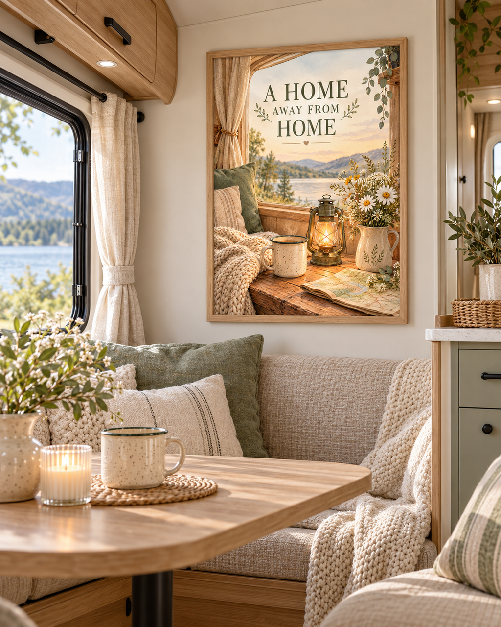 A Home Away From Home quote with lakeside view, lantern, mug, map, wildflowers and cosy blanket styled in a caravan seating area