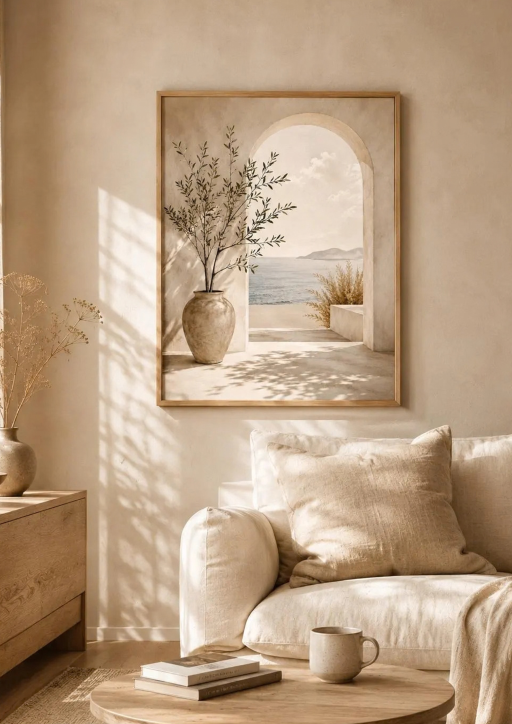 Mediterranean olive tree and stone archway overlooking a calm sea styled in a living room