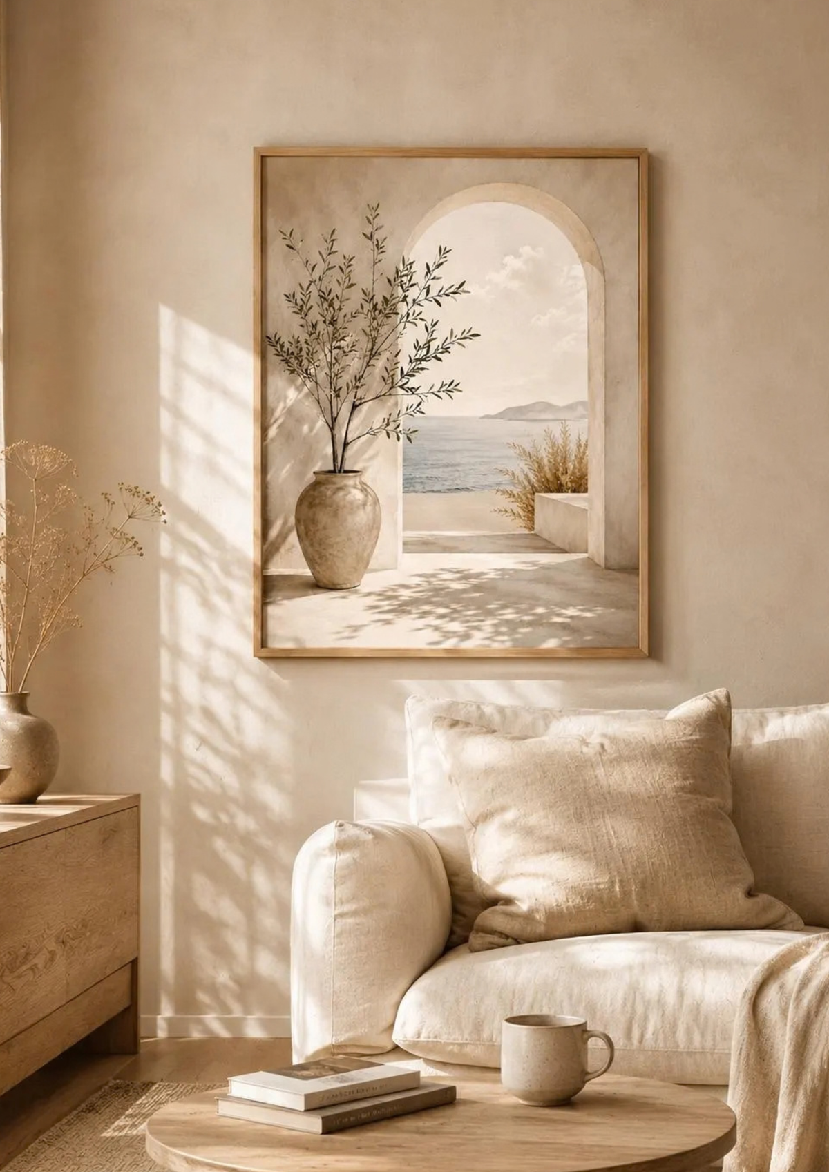 Mediterranean olive tree and stone archway overlooking a calm sea styled in a living room