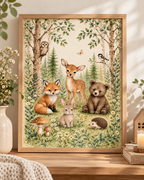 Watercolour woodland animals with fawn, fox, bear cub, bunny, hedgehog, owl and bird among trees and flowers; print only, frame not included