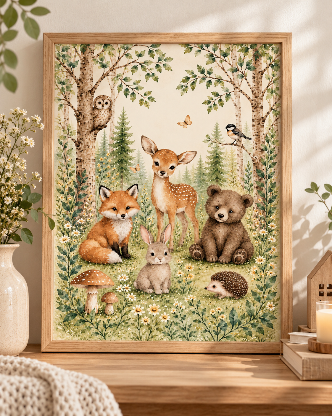 Watercolour woodland animals with fawn, fox, bear cub, bunny, hedgehog, owl and bird among trees and flowers; print only, frame not included