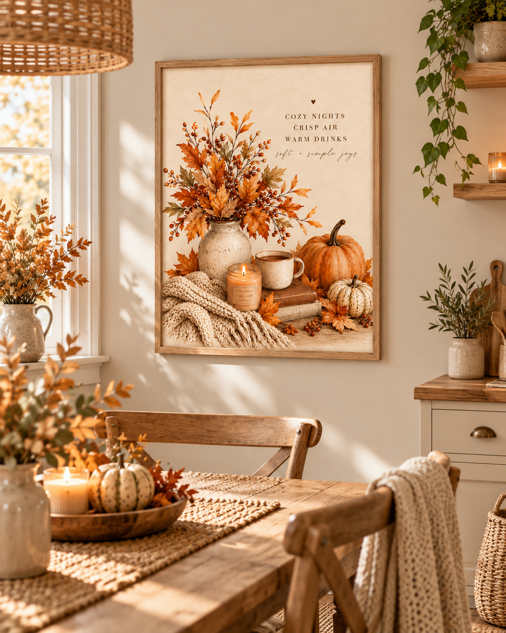 Autumn cosy nights quote with pumpkins, falling leaves, rustic vase, warm drink and knitted blanket styled in a dining room