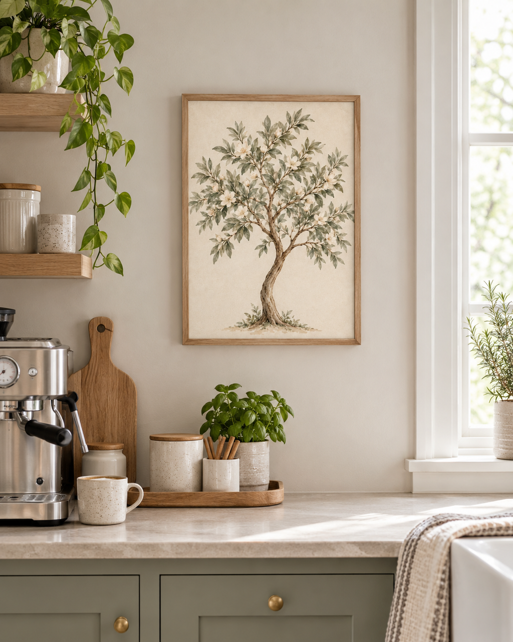 Watercolour botanical tree with sage green leaves, ivory white blossoms and a curved natural trunk on warm ivory styled in a kitchen