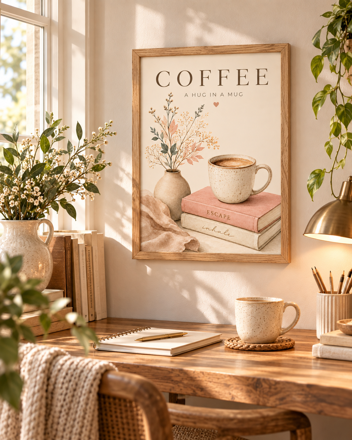 Framed coffee art above a sunlit desk with a mug and flowers
