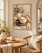 Cosy cappuccino with latte art, ceramic vase, candle and neutral knitted textures styled in a dining area