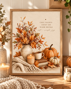 Autumn cosy nights quote with pumpkins, falling leaves, rustic vase, warm drink and knitted blanket; print only, frame not included