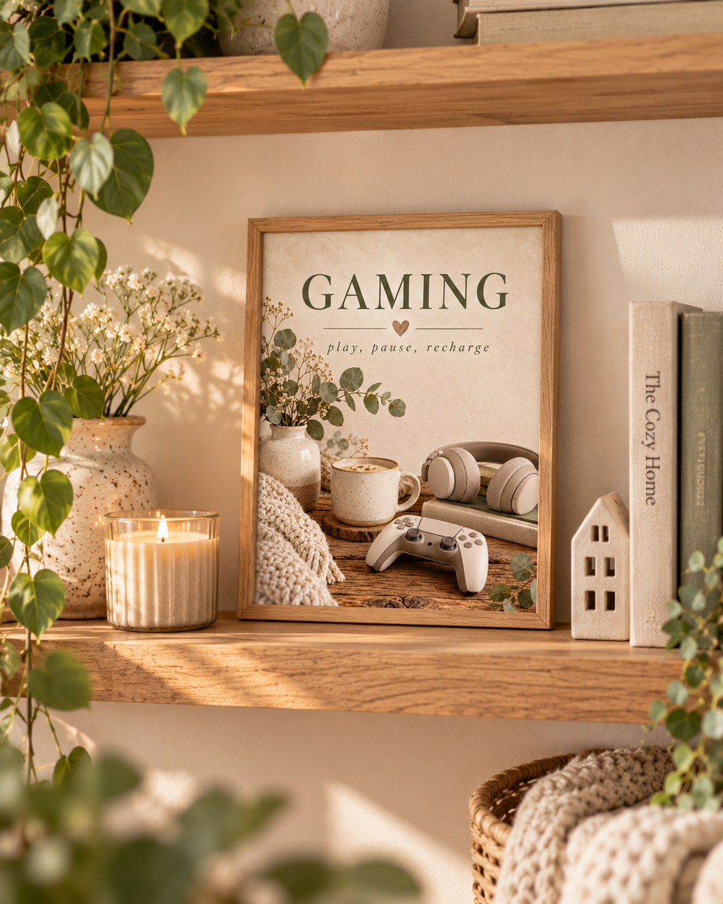 Gaming room artwork with Play Pause Recharge quote, controller, headphones, coffee and foliage in a styled home display