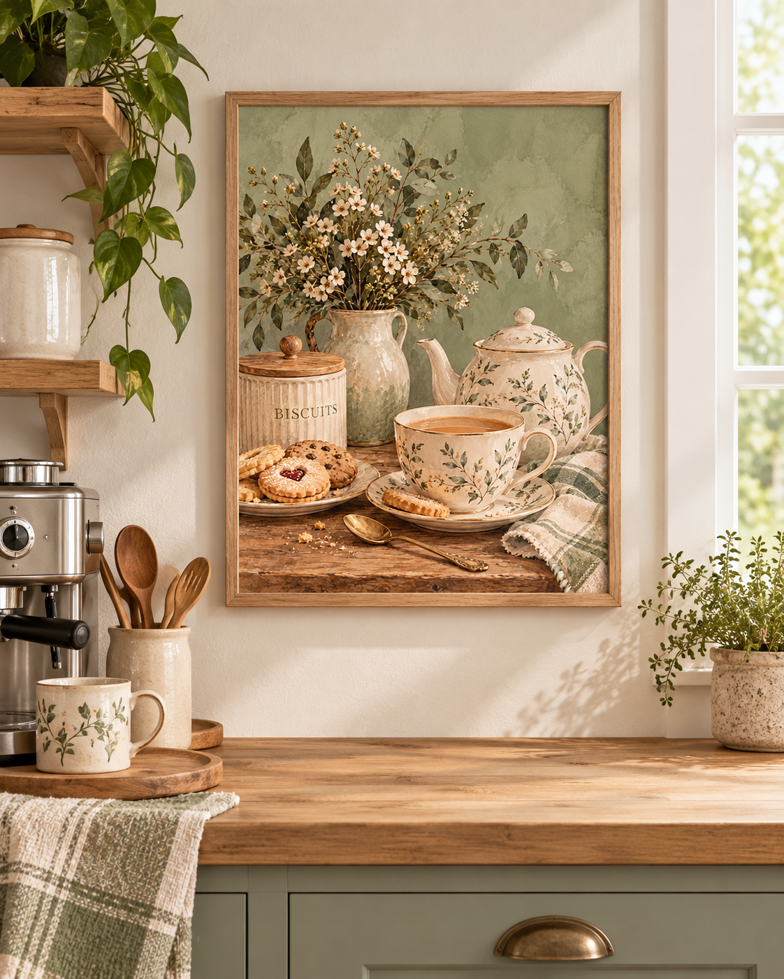 English tea and biscuits still life with floral teapot, matching teacup, cream flowers and sage-green background styled in a kitchen counter