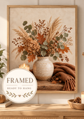 Autumn floral still life with dried hydrangeas, eucalyptus, copper leaves, rustic vase, candle, acorns and knitted throw; framed and ready to hang badge
