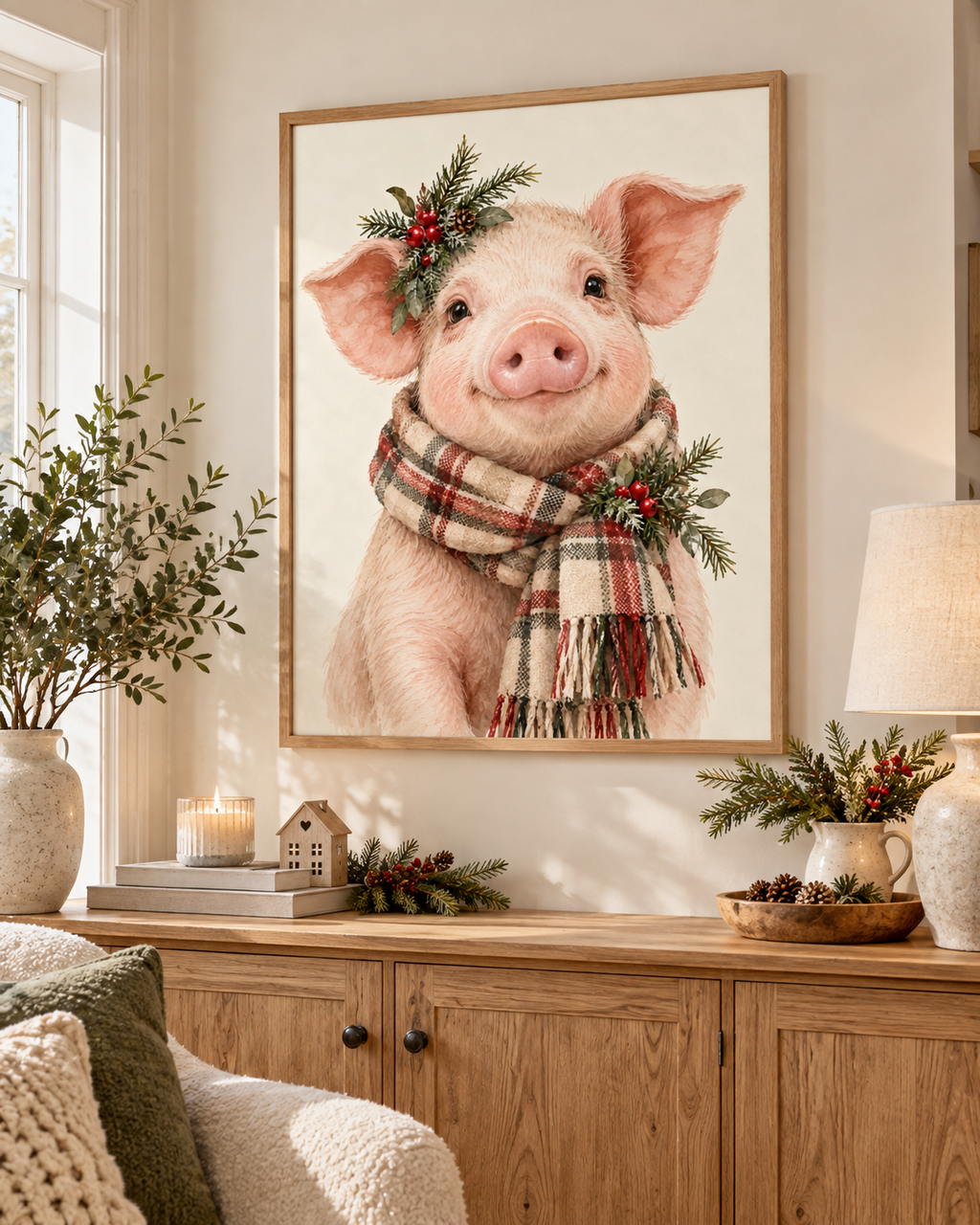 Christmas pink piglet illustration with tartan scarf, evergreen sprigs, red berries and pine cones on a warm cream background styled in a living room