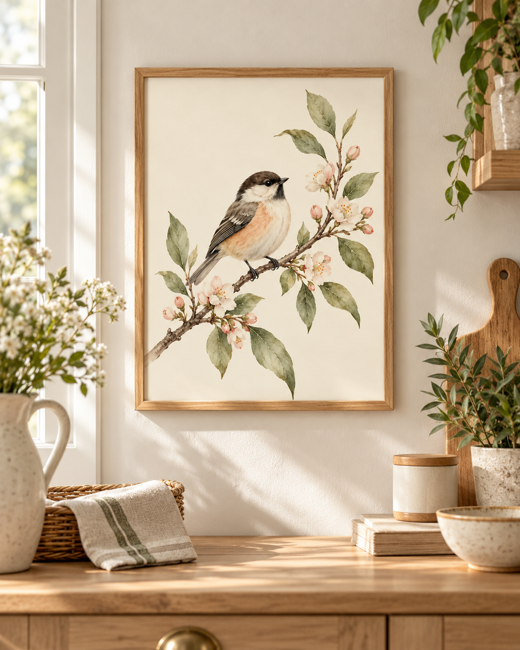 Watercolour songbird perched on a branch with pink blossom and sage green leaves against a warm ivory background styled in a kitchen