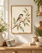 Watercolour songbird perched on a branch with pink blossom and sage green leaves against a warm ivory background styled in a kitchen