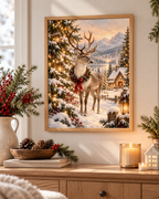 Christmas reindeer in a snowy woodland with festive lights, red ribbon, lantern and cosy mountain cottage styled in a sideboard display