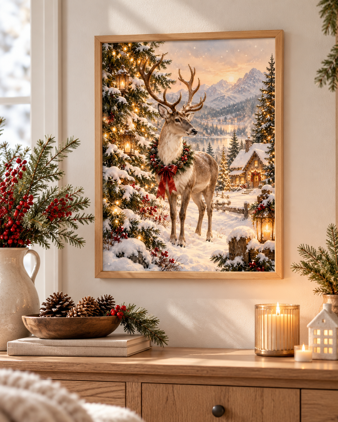 Christmas reindeer in a snowy woodland with festive lights, red ribbon, lantern and cosy mountain cottage styled in a sideboard display