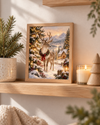 Christmas reindeer in a snowy woodland with festive lights, red ribbon, lantern and cosy mountain cottage styled in a shelf display