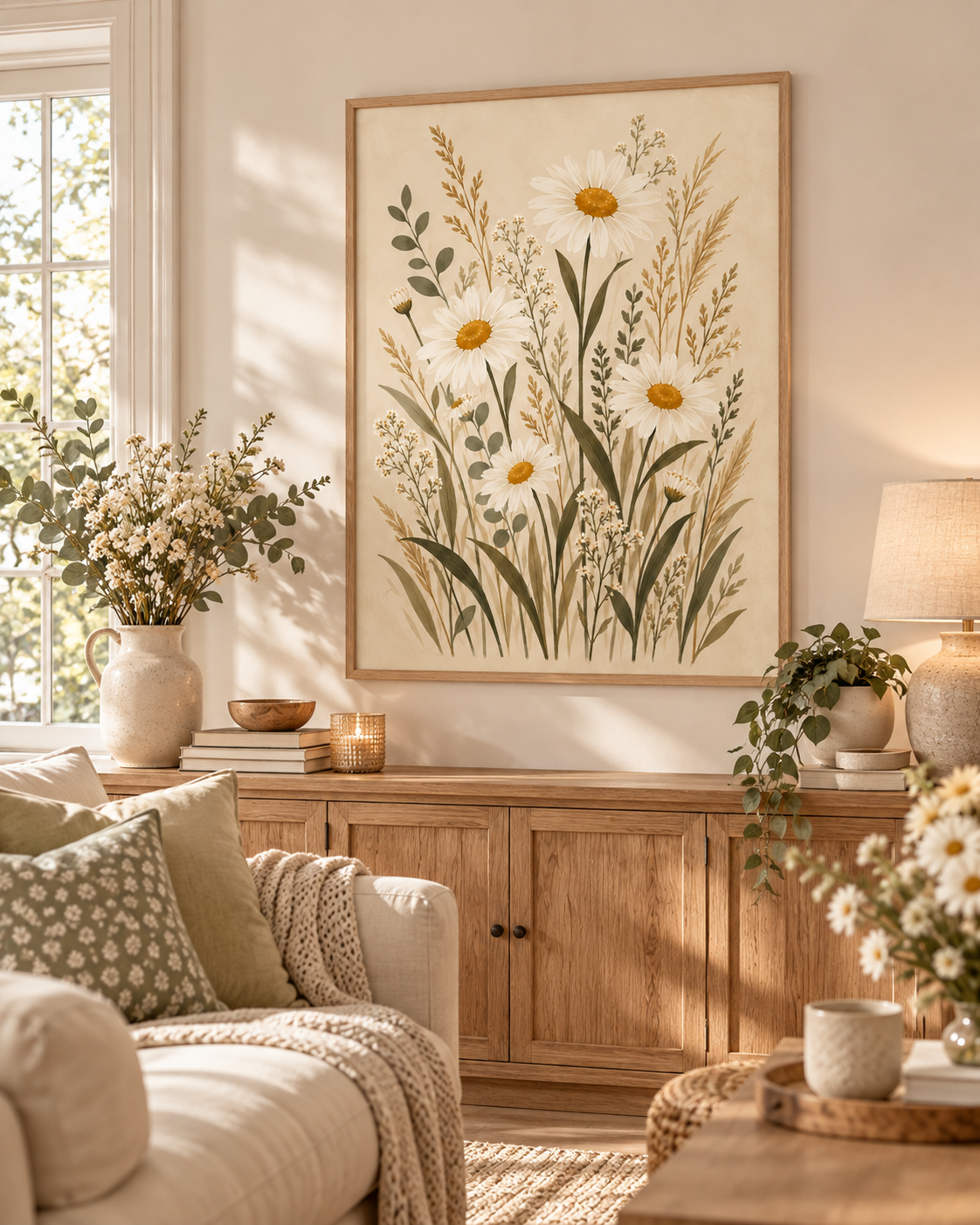 Cream daisy wildflowers with sage green foliage styled in a living room