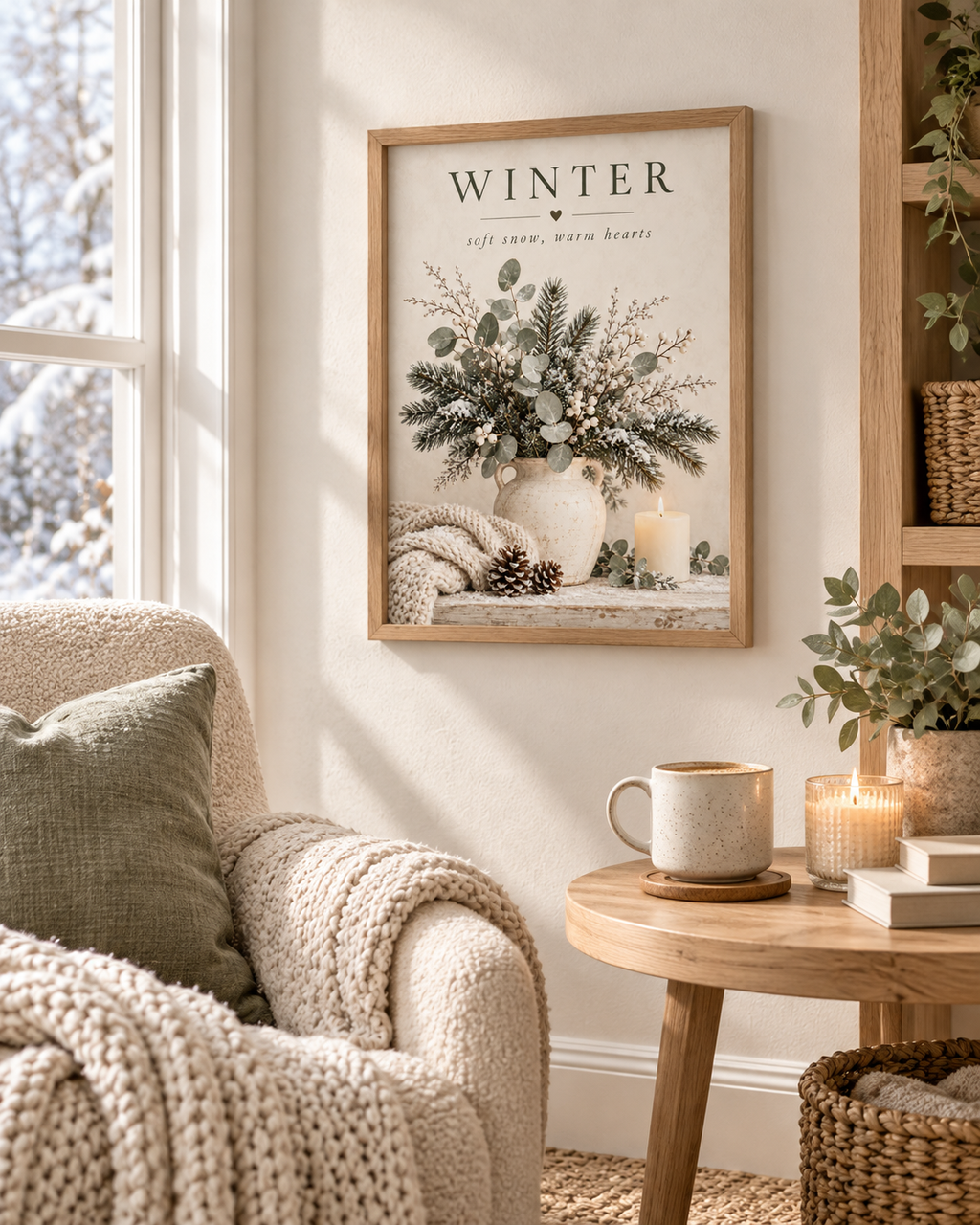 Winter soft snow, warm hearts artwork with snowy evergreens, eucalyptus, white berries, ceramic vase, knitted blanket, pine cones and candle styled in a reading corner