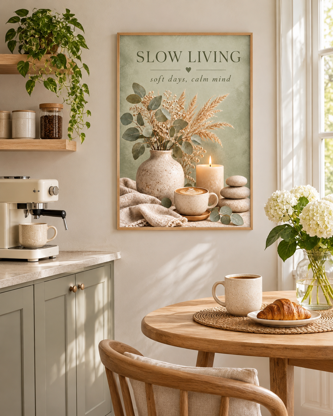 Slow Living artwork with sage green foliage, dried grasses, a coffee cup, candle, ceramic vase and pebbles styled in a coffee nook
