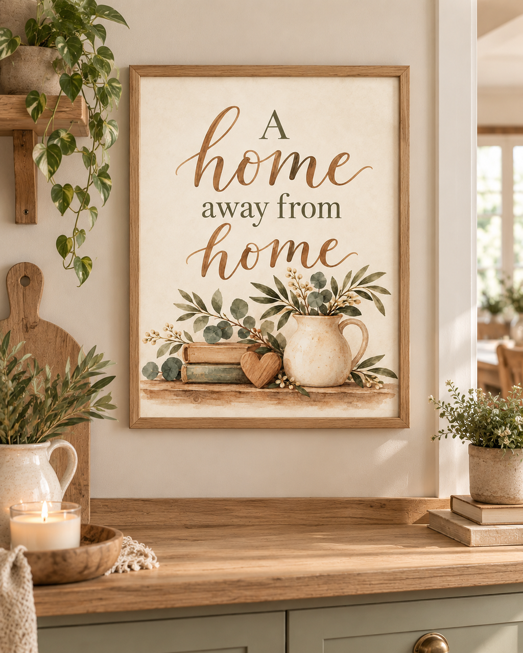 A Home Away From Home quote in warm brown lettering with sage-green botanical foliage, vintage books, wooden heart and rustic ceramic jug styled in a kitchen counter