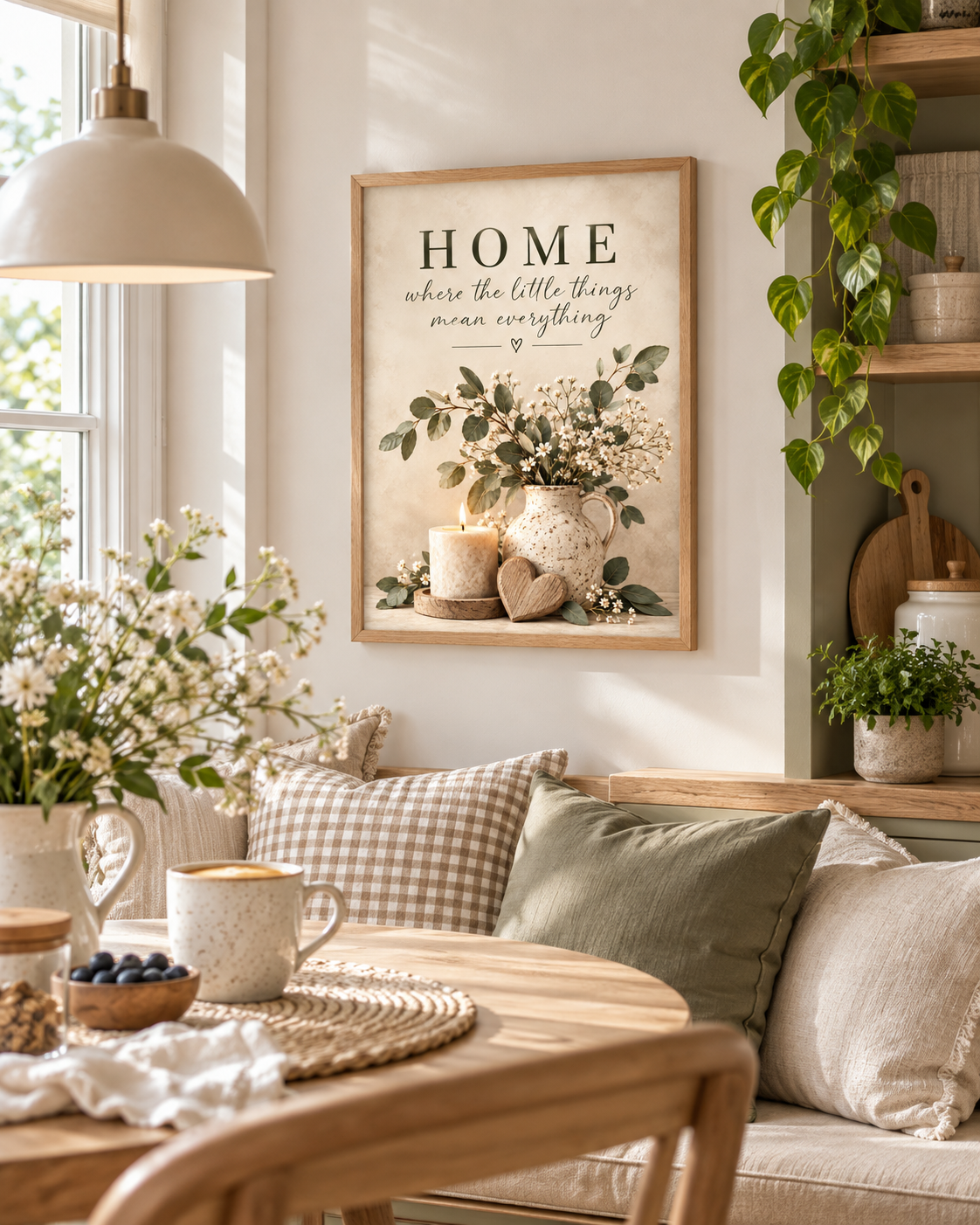 Home quote artwork above a sofa beside a sunlit window