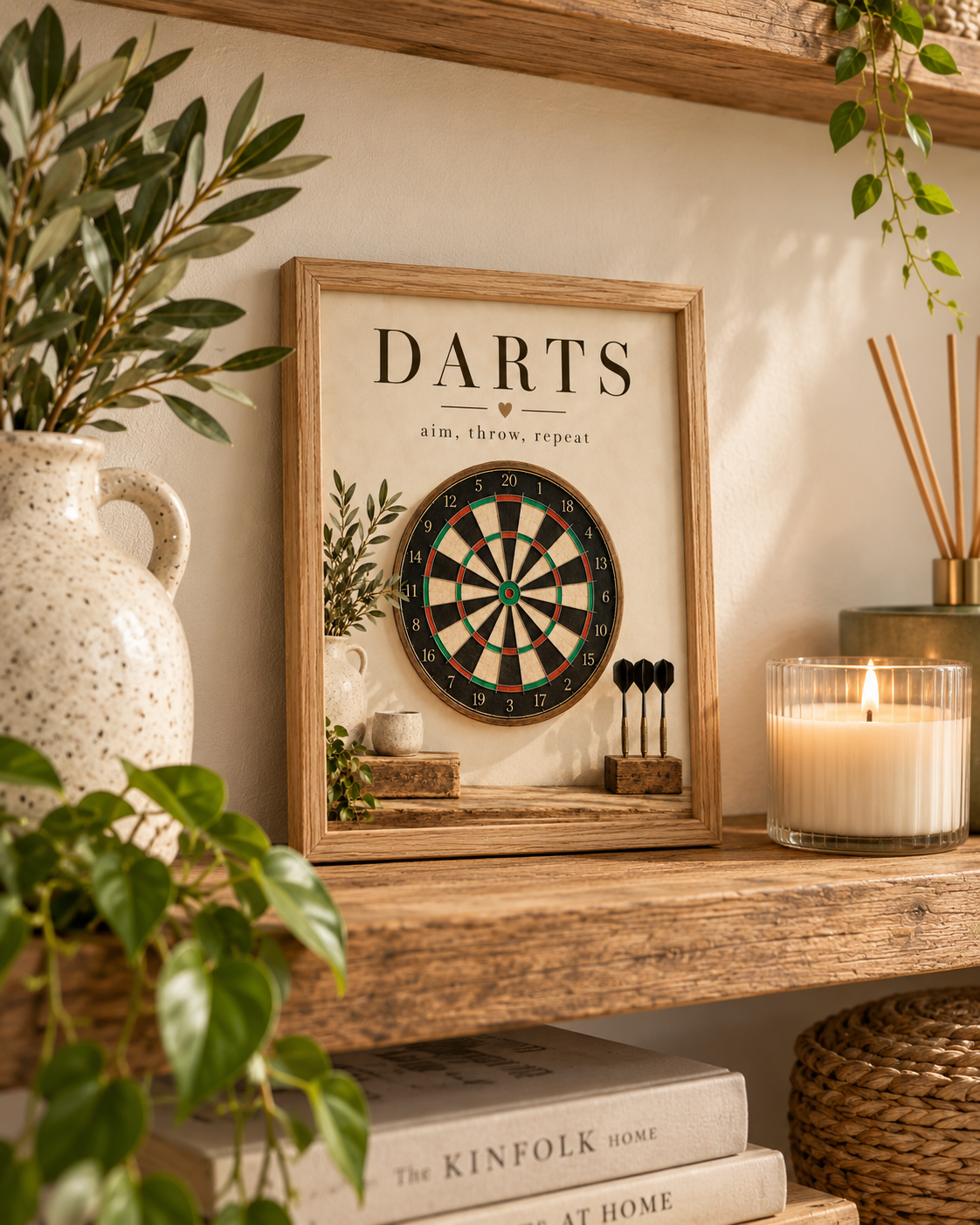 Vintage dartboard with Darts and aim, throw, repeat wording, rustic wood and greenery styled in a shelf display