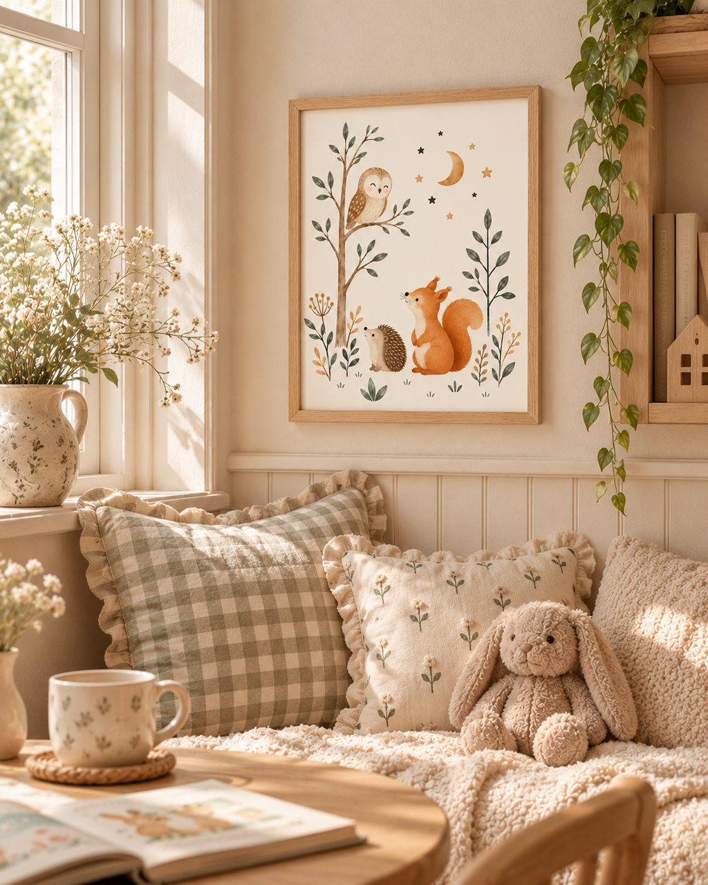 Woodland nursery owl, squirrel and hedgehog beneath a crescent moon and stars styled in a reading corner