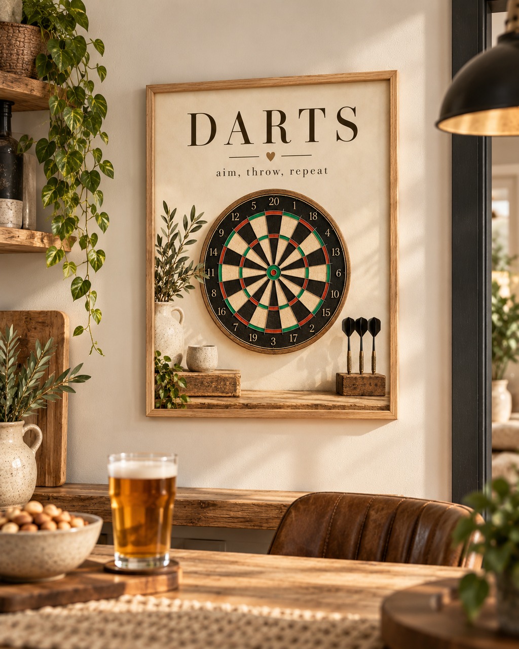 Vintage dartboard with Darts and aim, throw, repeat wording, rustic wood and greenery styled in a games room