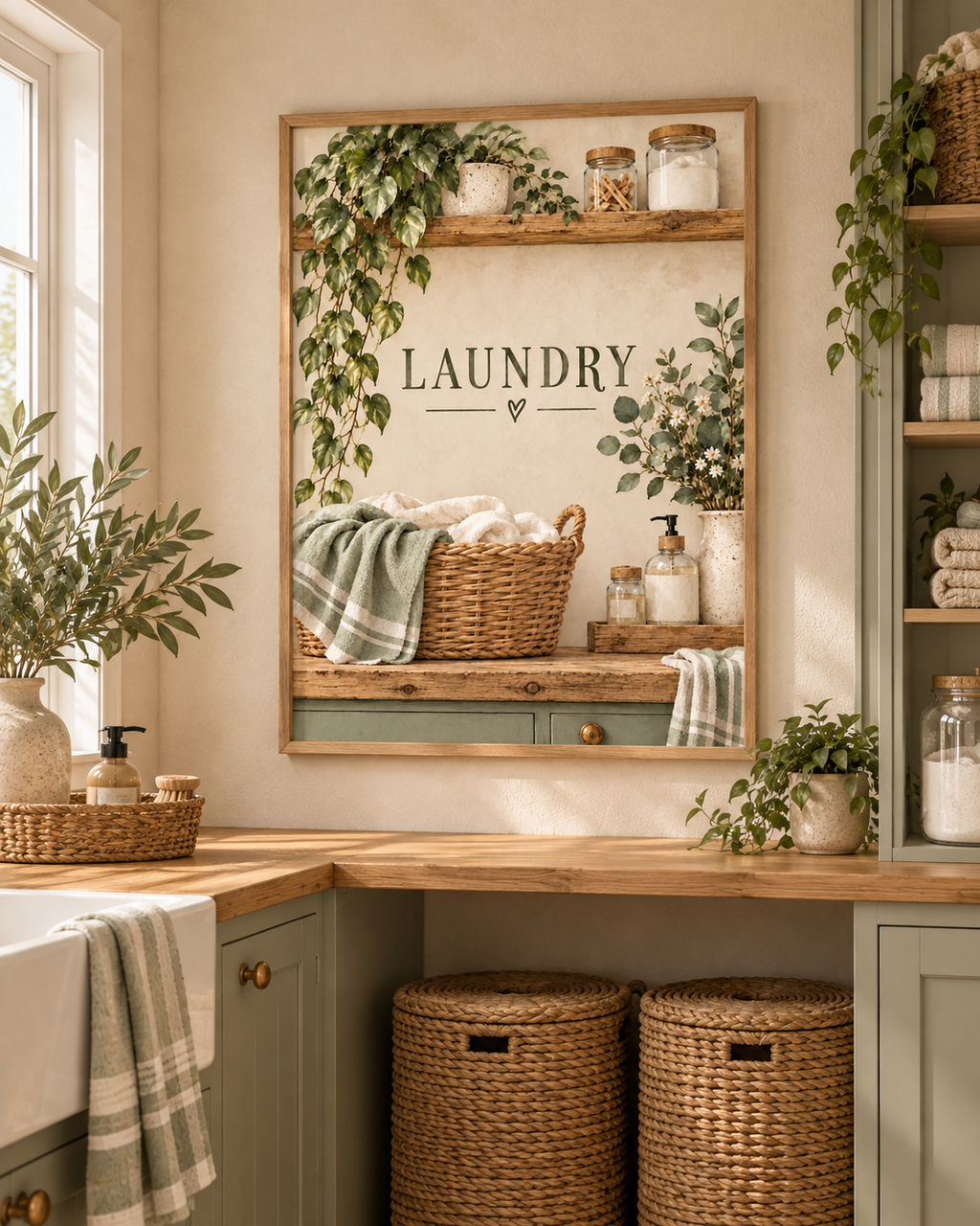 Botanical laundry artwork with LAUNDRY lettering, woven linen basket, trailing greenery, cream flowers and rustic wooden shelves styled in a utility storage area