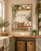 Botanical laundry artwork with LAUNDRY lettering, woven linen basket, trailing greenery, cream flowers and rustic wooden shelves styled in a utility storage area