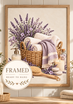 Framed lavender spa basket artwork with a ready-to-hang badge