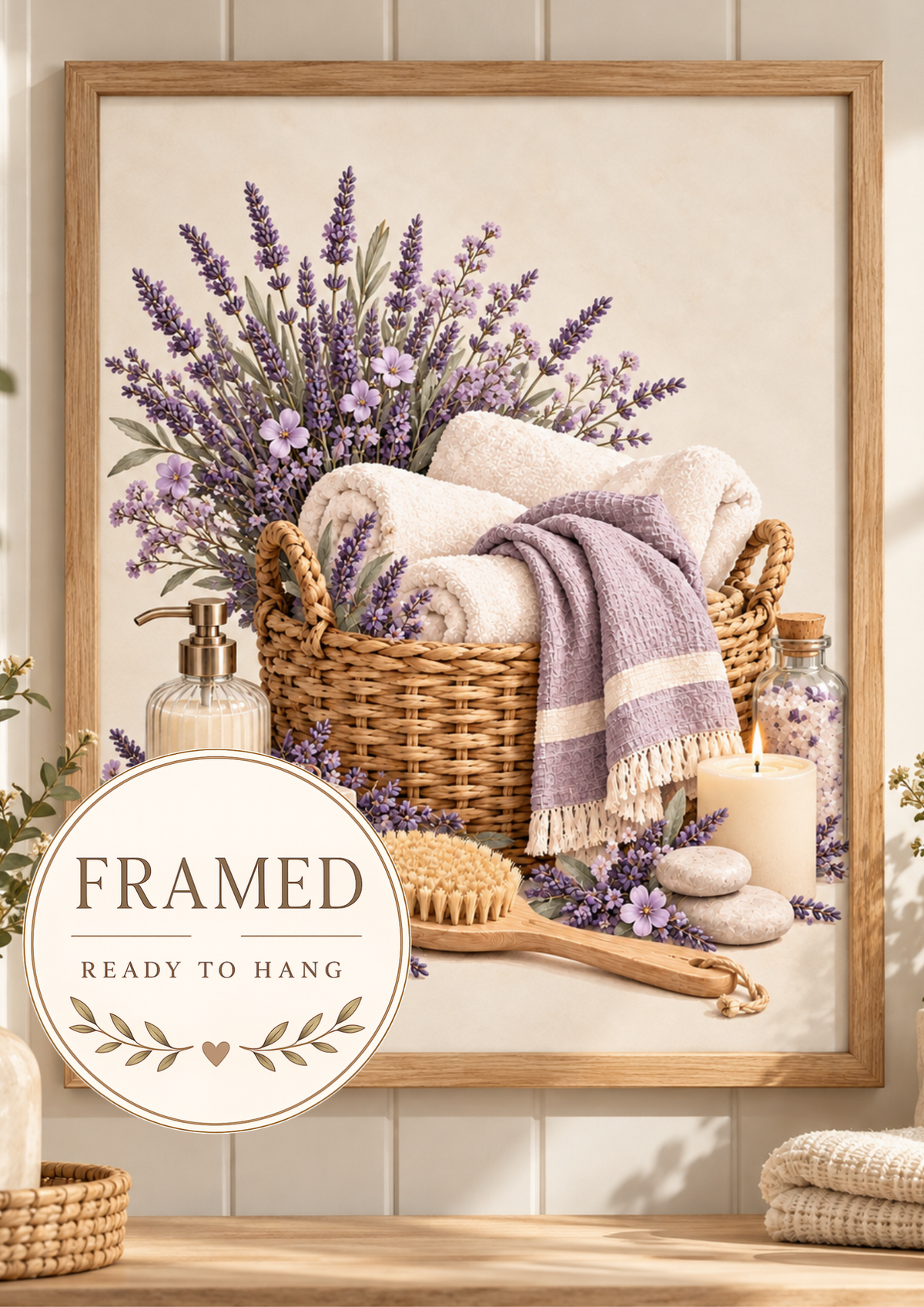 Framed lavender spa basket artwork with a ready-to-hang badge