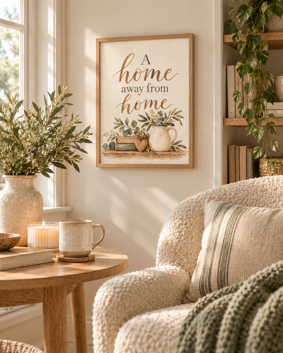 A Home Away From Home quote in warm brown lettering with sage-green botanical foliage, vintage books, wooden heart and rustic ceramic jug styled in a reading corner