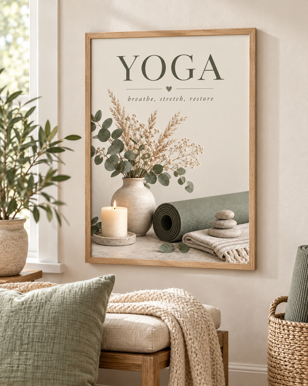 Yoga breathe stretch restore artwork with sage green yoga mat, eucalyptus, dried flowers, candle and stacked stones styled in a reading corner