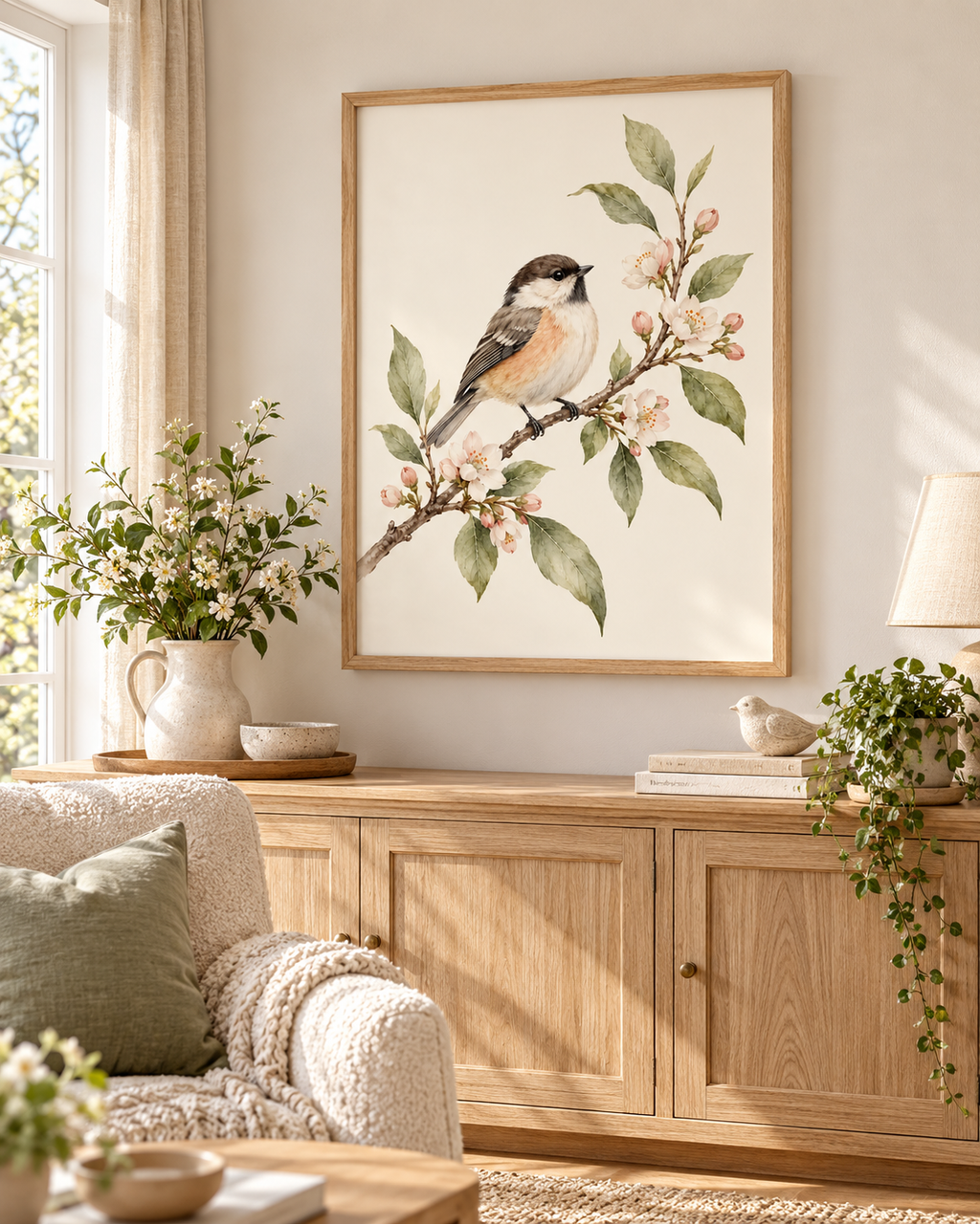 Watercolour songbird perched on a branch with pink blossom and sage green leaves against a warm ivory background styled in a living room