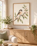 Watercolour songbird perched on a branch with pink blossom and sage green leaves against a warm ivory background styled in a living room