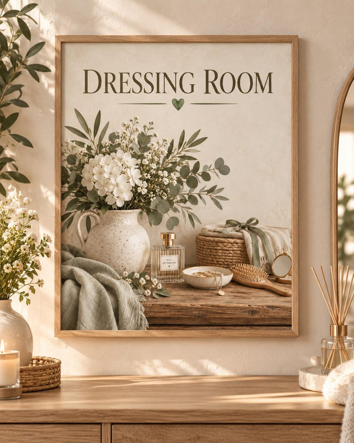 Dressing Room Print, Botanical Vanity Artwork in Sage Green and Cream — front image