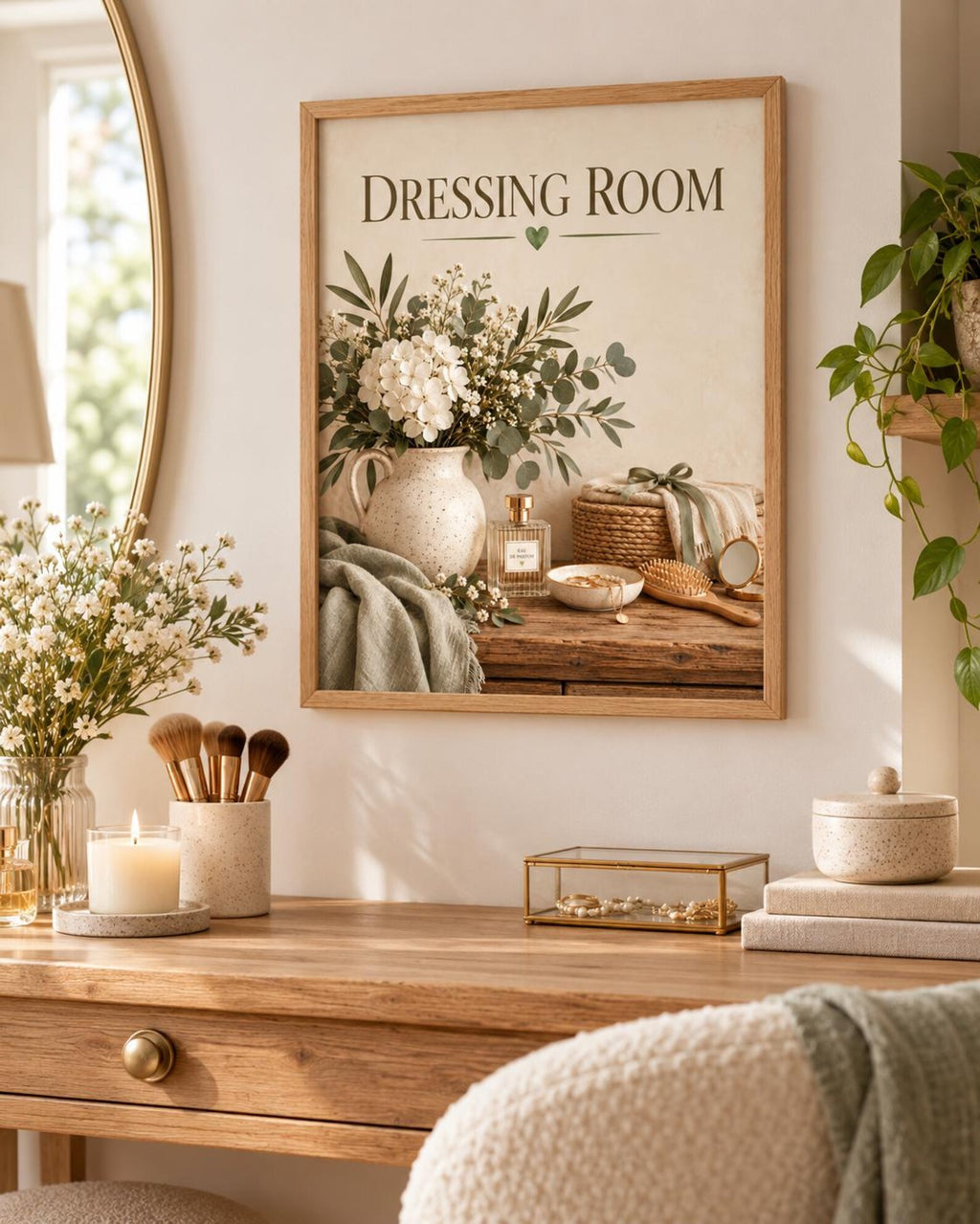 Dressing Room Print, Botanical Vanity Artwork in Sage Green and Cream — lifestyle mockup 1
