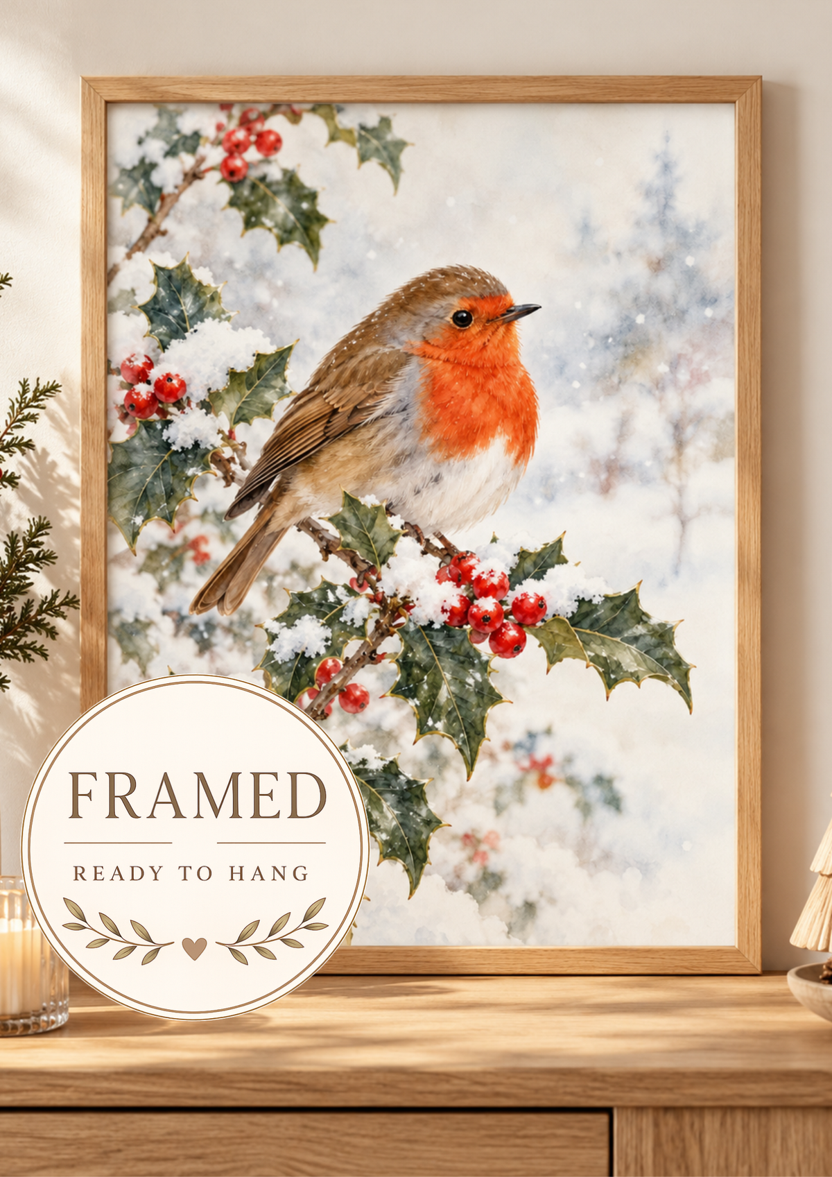 Winter robin perched on snowy holly branches with red berries and a softly painted winter background; framed and ready to hang badge