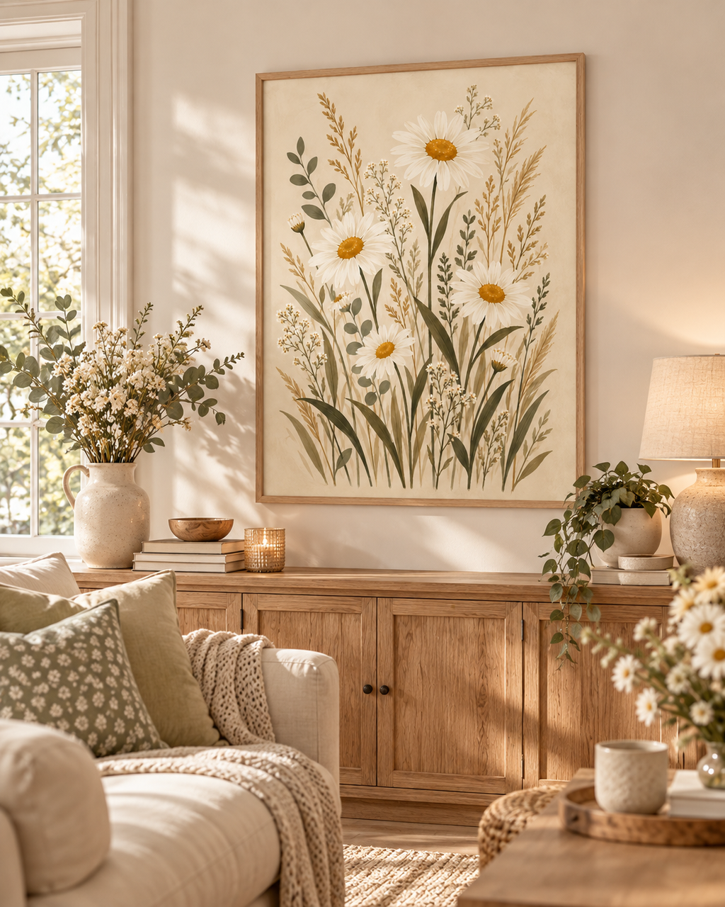 Cream daisy wildflowers with sage green foliage styled in a living room