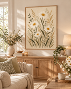 Cream daisy wildflowers with sage green foliage styled in a living room
