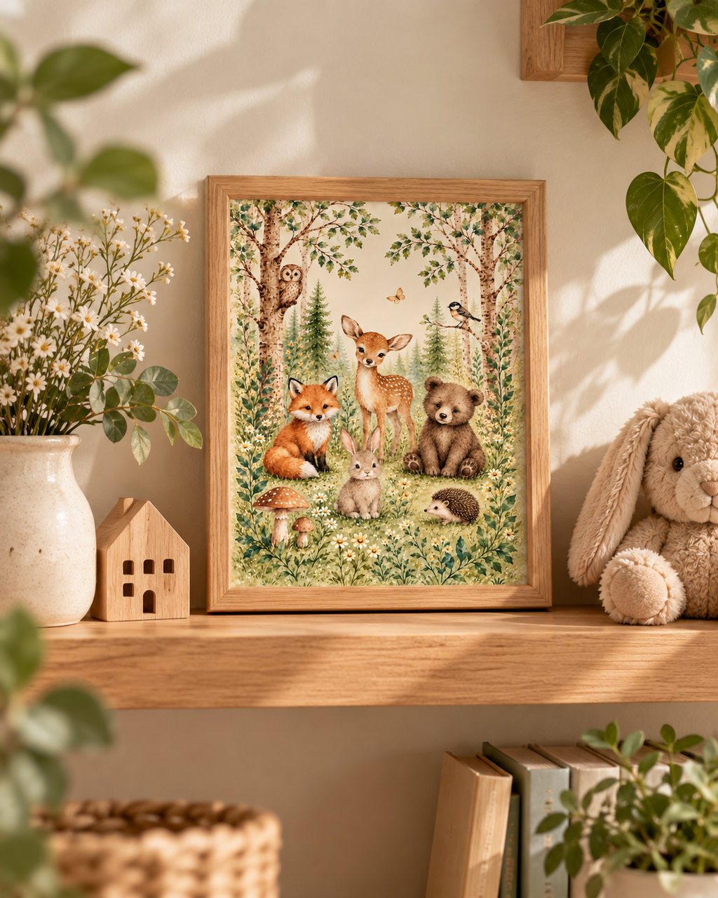 Watercolour woodland animals with fawn, fox, bear cub, bunny, hedgehog, owl and bird among trees and flowers styled in a shelf display