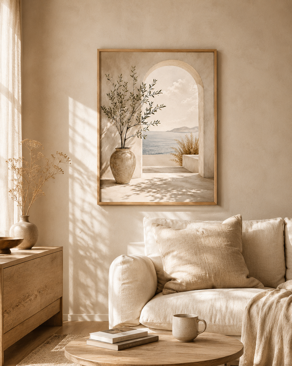 Mediterranean olive tree and stone archway overlooking a calm sea styled in a living room
