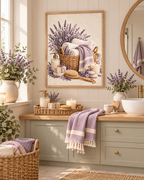 Framed lavender spa basket print above a sage green vanity