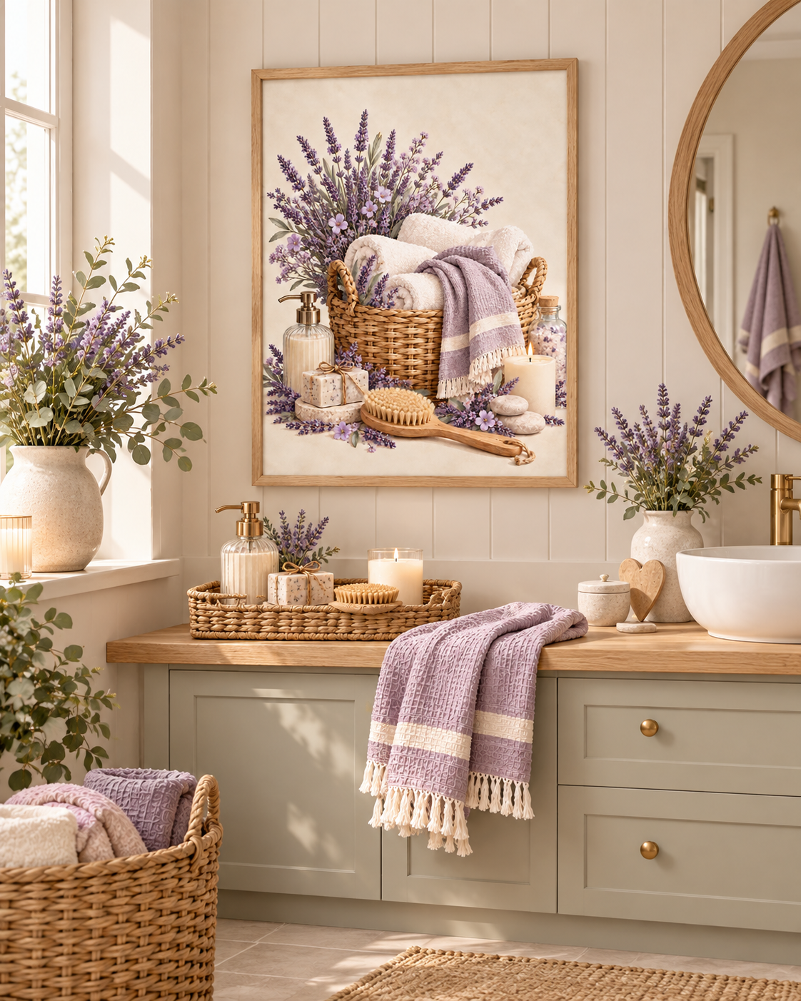 Framed lavender spa basket print above a sage green vanity