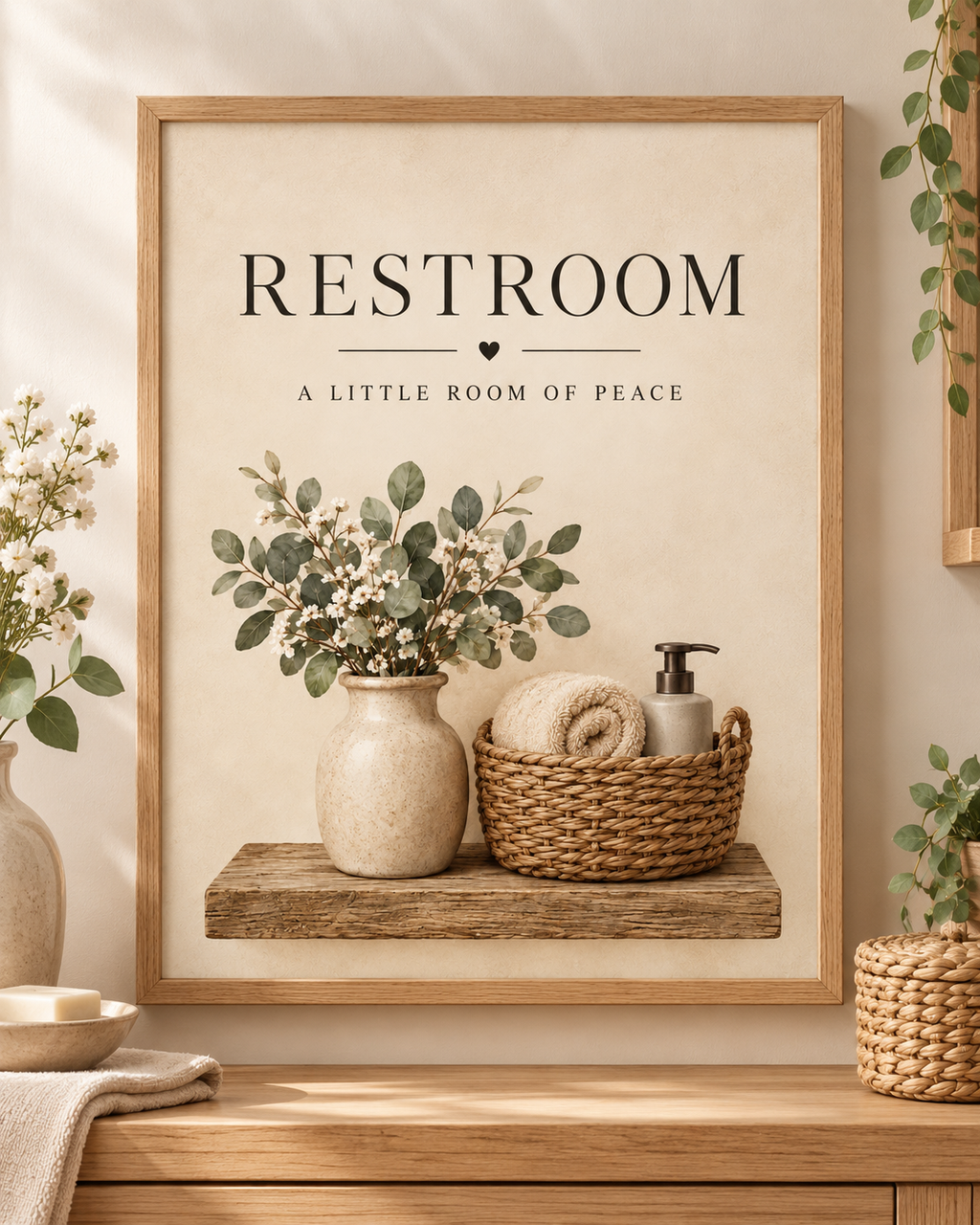 Restroom a little room of peace quote with botanical vase, ivory white flowers, rustic shelf, woven basket, towel and soap dispenser; print only, frame not included